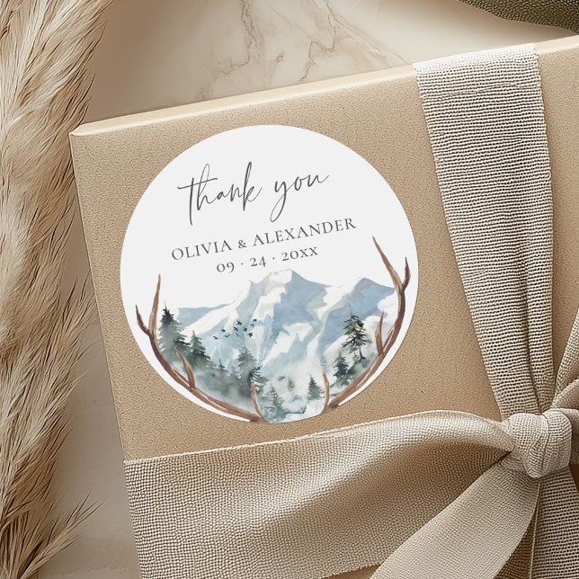 Rustic Antlers Mountain Wedding Thank You Classic Round Sticker (Creator Uploaded)