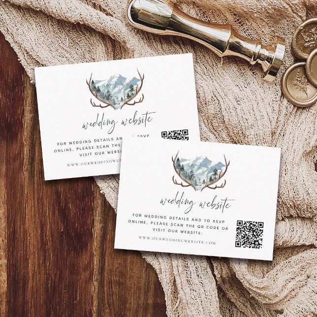 Rustic Antlers Mountain Wedding Website QR Code Enclosure Card (Creator Uploaded)