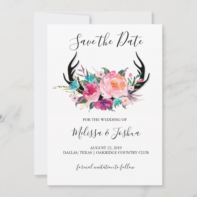 Rustic Antlers Save The Date Card (Front)