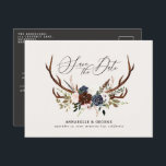 Rustic antlers script navy burgundy floral wedding announcement postcard<br><div class="desc">Rustic antlers script navy burgundy floral wedding save the date postcard. Part of a modern collection.</div>