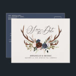Rustic antlers script navy burgundy floral wedding announcement postcard<br><div class="desc">Rustic antlers script navy burgundy floral wedding save the date postcard. Part of a modern collection.</div>