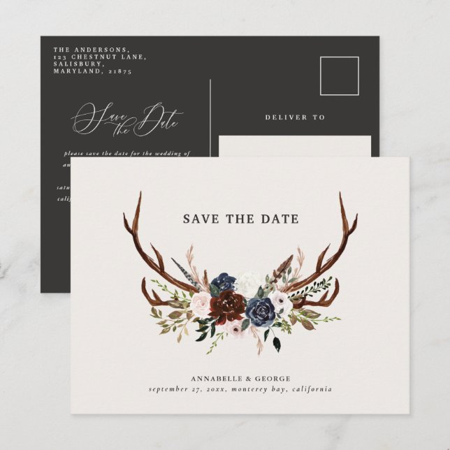 Rustic antlers script navy burgundy floral wedding announcement postcard (Front/Back)