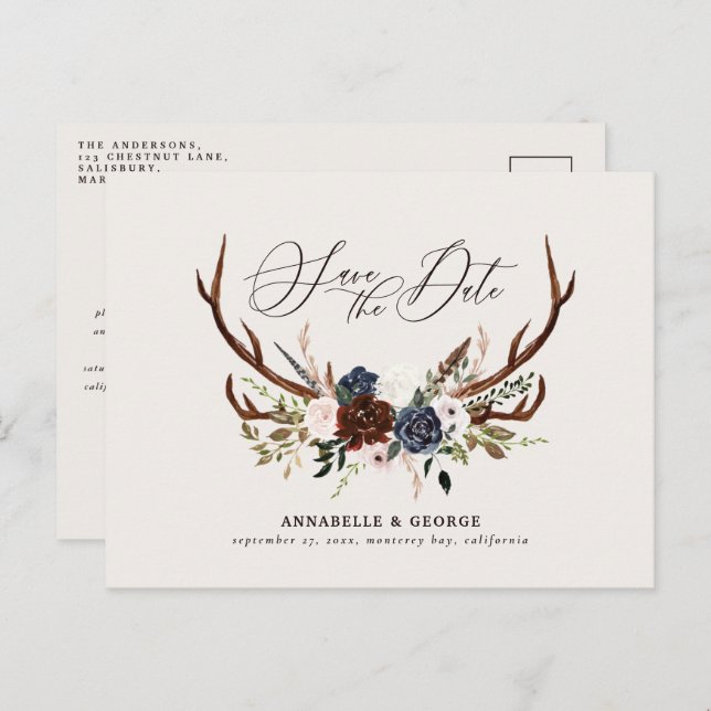 Rustic antlers script navy burgundy floral wedding announcement postcard (Front/Back)