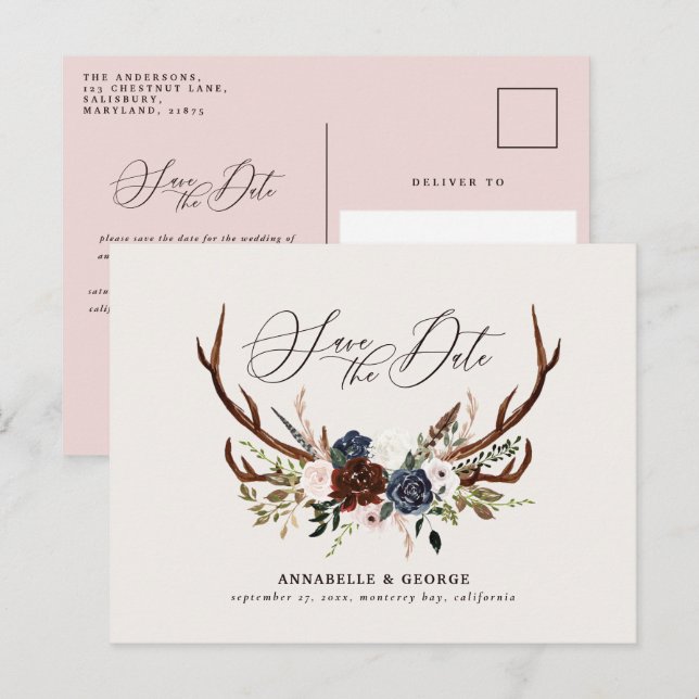 Rustic antlers script navy burgundy floral wedding announcement postcard (Front/Back)