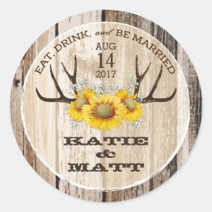 Rustic Antlers Sunflowers Country Wedding Classic Round Sticker