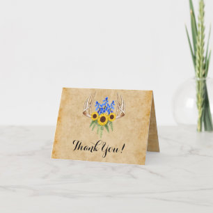 Rustic Antlers & Sunflowers Wedding Thank You Card