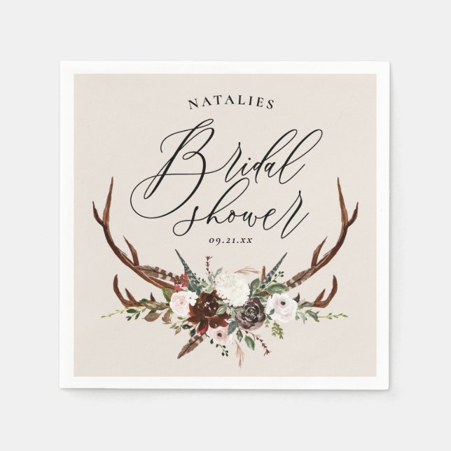 Rustic antlers watercolor bridal shower party napkin (Front)