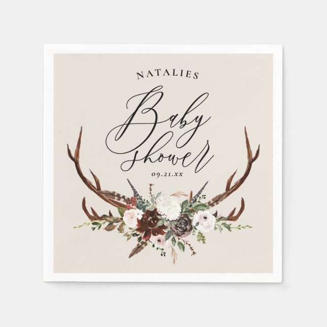 Rustic antlers watercolor floral baby shower party napkin (Front)