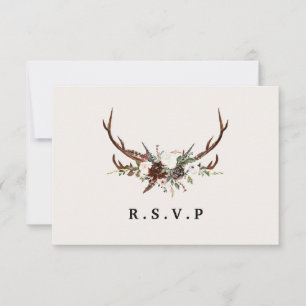 Rustic antlers watercolor floral wedding R.S.V.P RSVP Card
