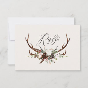 Rustic antlers watercolor floral wedding R.S.V.P RSVP Card
