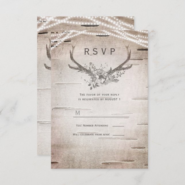 Rustic Antlers White Birch Vintage Wedding RSVP  Invitation (Front/Back)