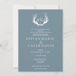 Rustic Antlers with Floral Wreath   Wedding Invitation