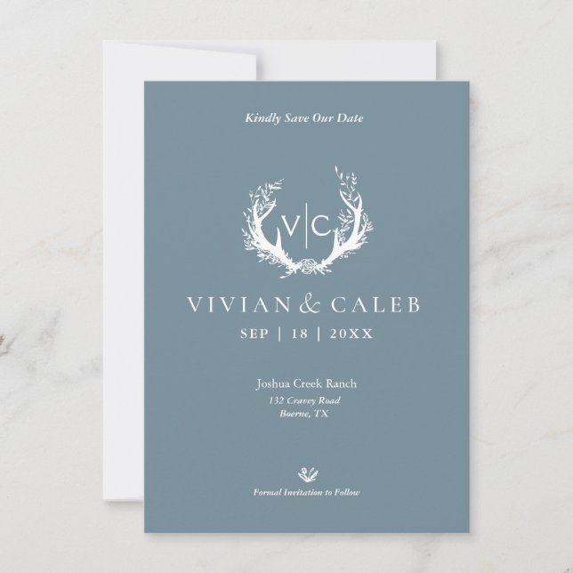 Rustic Antlers with Floral Wreath | Wedding Save The Date (Front)