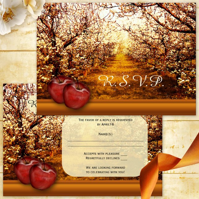 Rustic Apple Orchard Wedding RSVP Invitation (Elegant RSVP card featuring an image of an apple orchard and apples in warm ocher and red )