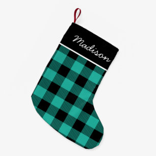 Rustic Aqua and Black Buffalo Check Monogram Small Christmas Stocking