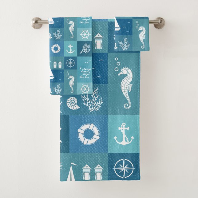 Rustic Aqua Blue Nautical Chequered Pattern Custom Bath Towel Set (Insitu)
