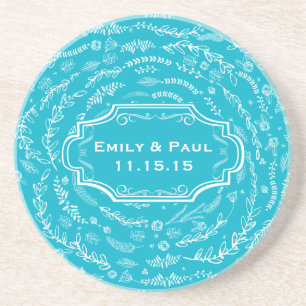 Rustic Aqua Feather Pattern Wedding Coasters
