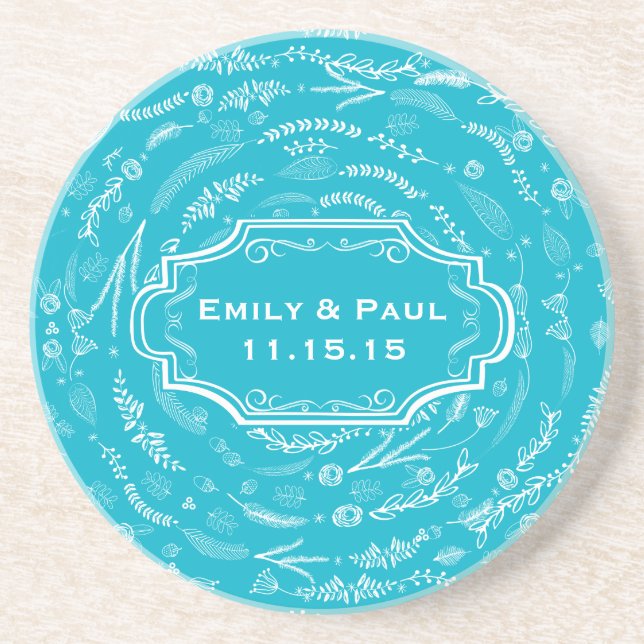 Rustic Aqua Feather Pattern Wedding Coasters (Front)