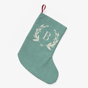 Rustic Aqua Laurel Wreath Monogram Small Christmas Stocking