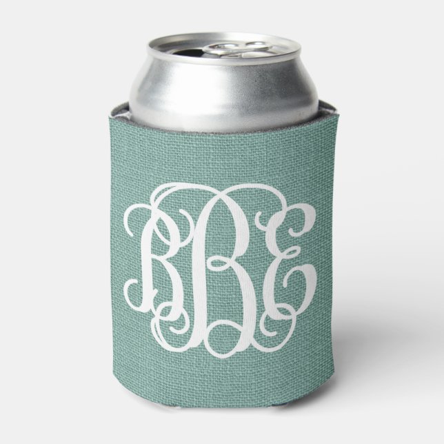 Rustic Aqua Preppy Script Monogram Can Cooler (Can Front)