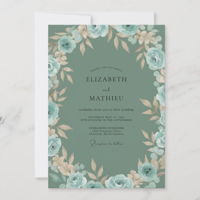 Rustic Aqua Taupe Wreath Wedding Invitation (Front)