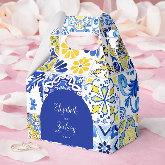 Rustic Arch Blue Yellow White Tiles Wedding Favour Box (Wedding)
