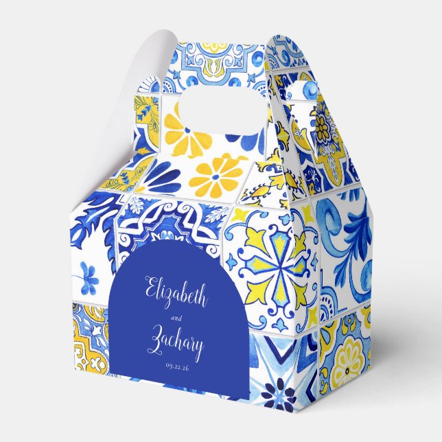 Rustic Arch Blue Yellow White Tiles Wedding Favour Box (Front Side)