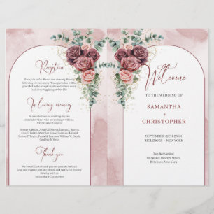 Rustic arch burgundy blush roses eucalyptus folded