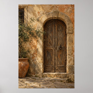 Rustic Arched Wooden Door and Stone Wall Art
