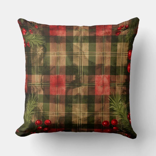 Rustic Argyle Christmas Pillow – Red & Green (Front)