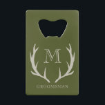 Rustic Army Green Antler Custom Groomsmen Gift<br><div class="desc">Elevate your groomsmen gifts with our sleek bottle opener, the perfect blend of functionality and style. Crafted for durability and practicality, this bottle opener ensures easy access to refreshments at any gathering. Its army green finish and subtle amber/beige antler design add a touch of rustic elegance, making it a standout...</div>