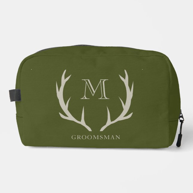 Rustic Army Green Antler Custom Groomsmen Gift Dopp Kit (Front)