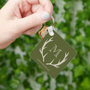 Rustic Army Green Antler Custom Groomsmen Gift Key Ring