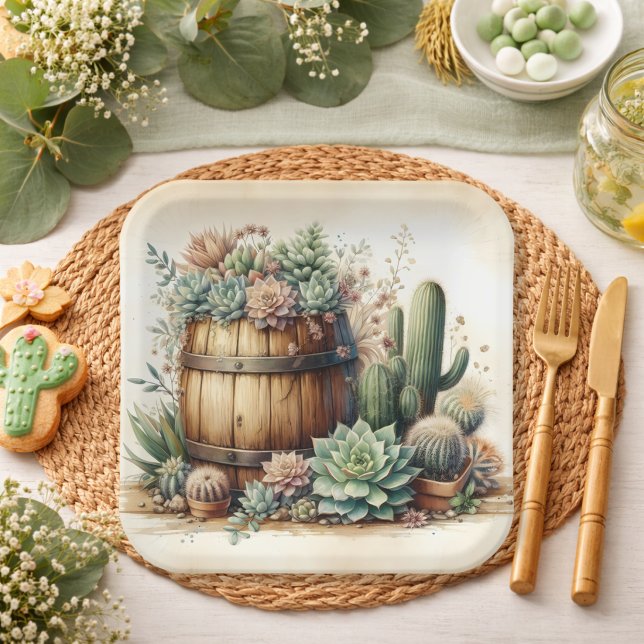 Rustic Arrangement Of Succulents & Cacti Paper Plate (Creator Uploaded)
