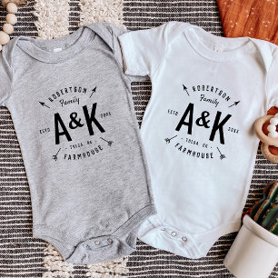 Rustic Arrow Family Monogram Farmhouse Baby Bodysuit