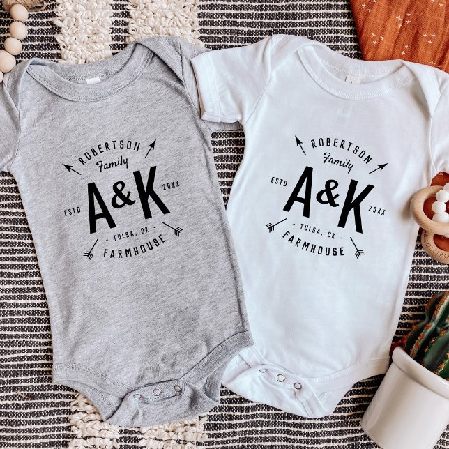Rustic Arrow Family Monogram Farmhouse Baby Bodysuit (Creator Uploaded)