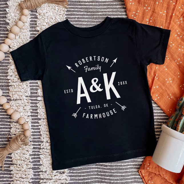 Rustic Arrow Family Monogram Farmhouse Baby T-Shirt (Creator Uploaded)