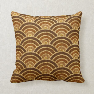 Rustic Art Deco Fish Scales Pattern Brown Cushion