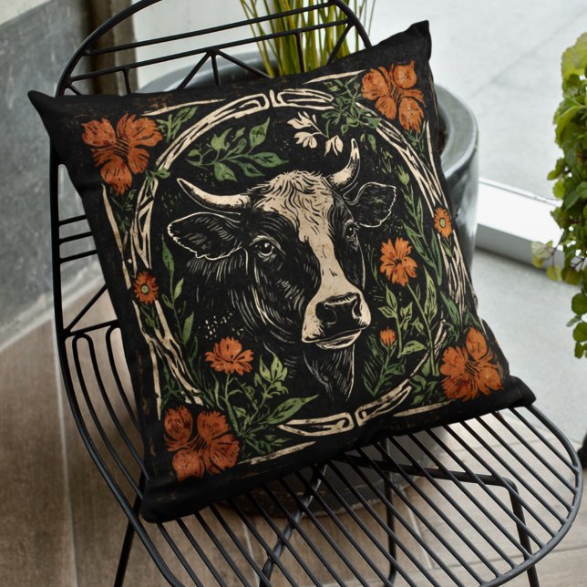 Rustic Art Nouveau Cow Portrait Floral Accent  Cushion (Creator Uploaded)