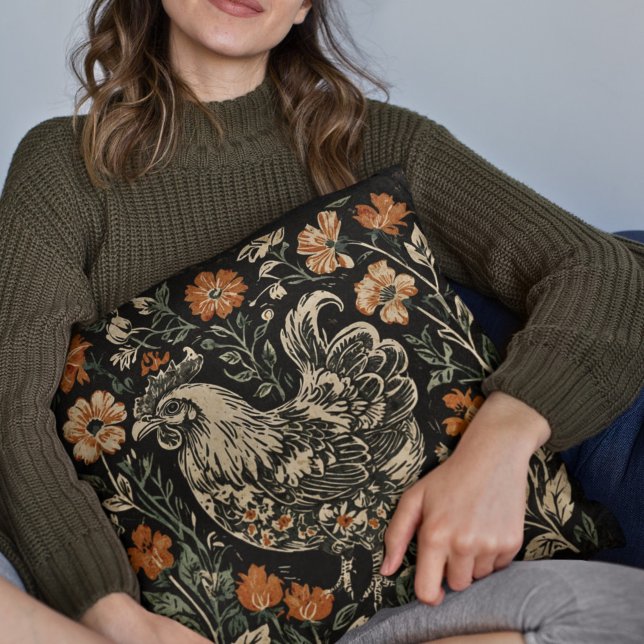 Rustic Art Nouveau Farmhouse Chicken Floral Accent Cushion (Creator Uploaded)
