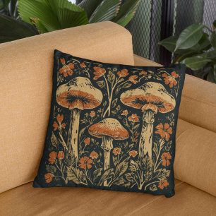 Rustic Art Nouveau Mushroom Floral Botanical  Cushion