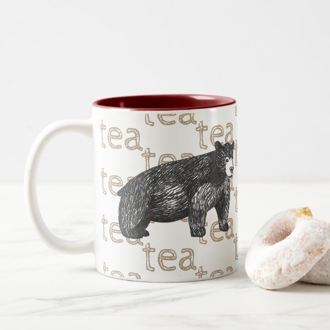 Rustic Artistic Tea Coffee Black Bear Two-Tone Coffee Mug (With Donut)