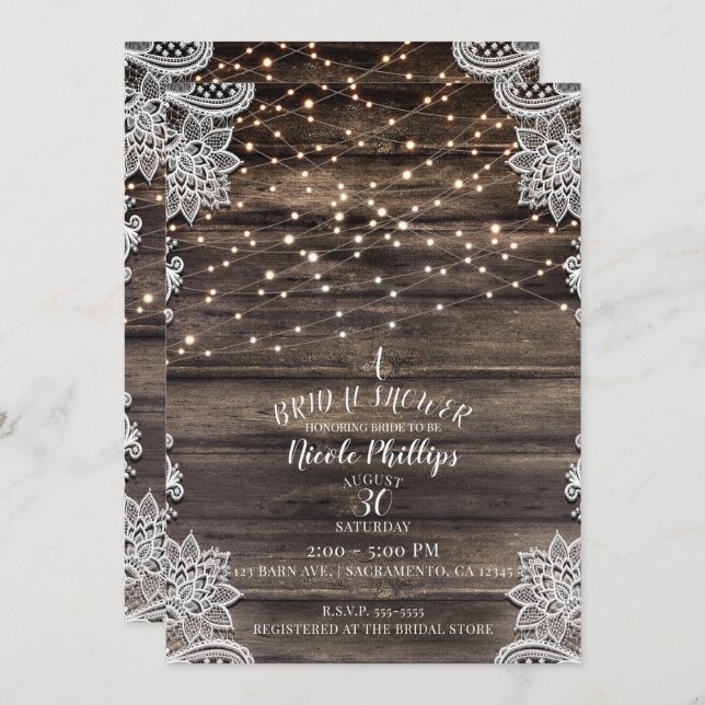 Rustic Ash Brown Wood Lace & Lights Bridal Shower Invitation (Front/Back)