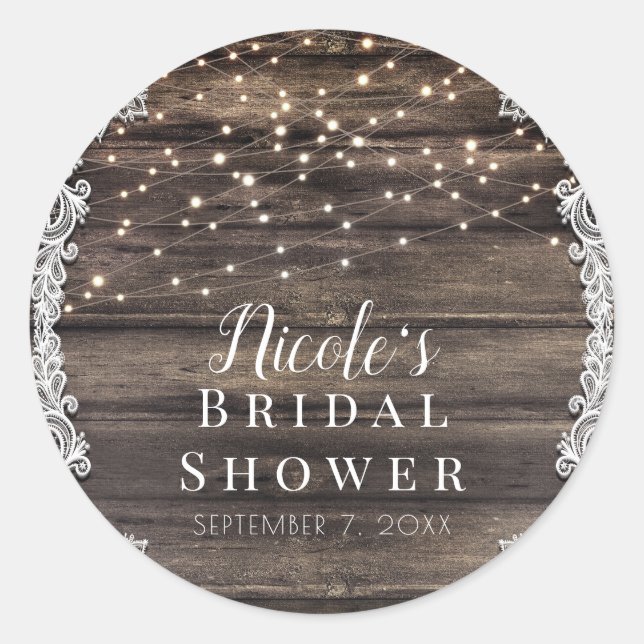 Rustic Ash Brown Wood Lace & Lights Wedding Bridal Classic Round Sticker (Front)