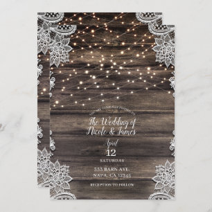 Rustic Ash Brown Wood Lace String Lights Wedding Invitation