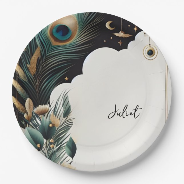 Rustic Asian Sky Cloud Peacock Bridal Shower Paper Plate (Front)
