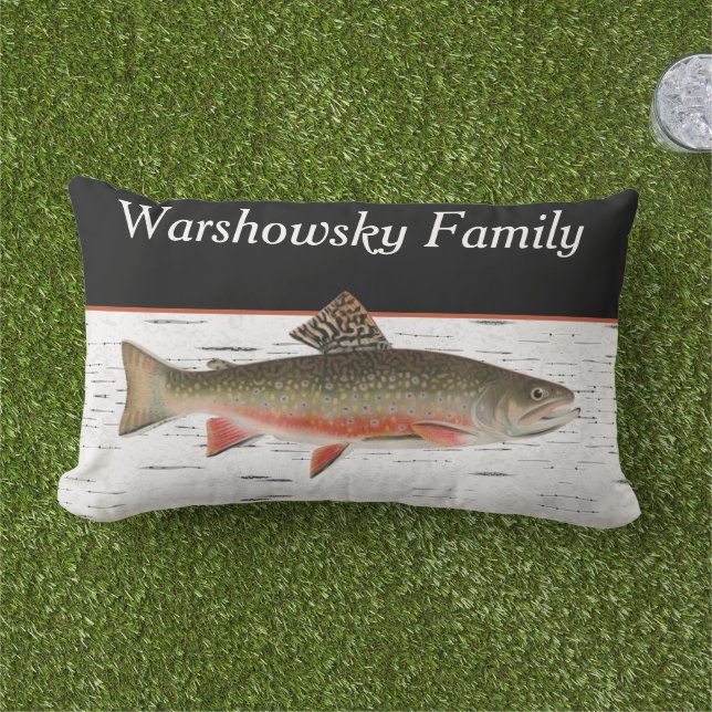 . Rustic Aspen Bark Trout fisherman  Brushed Polye Lumbar Cushion (Grass)