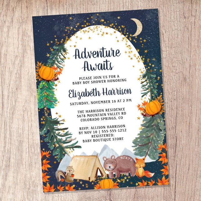 Rustic Autumn Adventure Night Sky Baby Shower Invitation (Celebrate the upcoming arrival of your sweet little autumn baby with a pumpkin-themed baby shower)