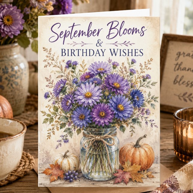 Rustic Autumn Aster Flowers September Birthday Card (Creator Uploaded)