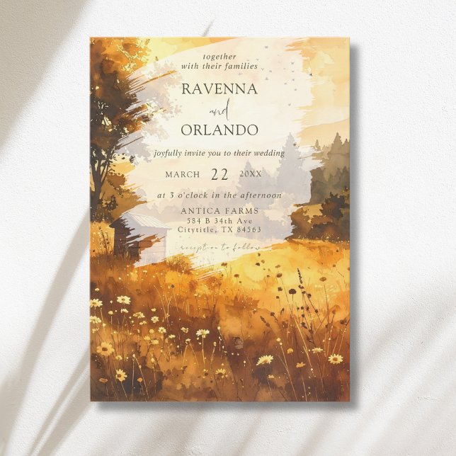 Rustic Autumn Barn Meadow Watercolor Wedding Invitation (Creator Uploaded)